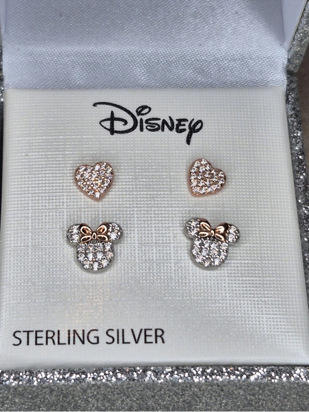 Sterling Silver Minnie Mouse Earring Set w/ Rose Gold Bow Pave Crystals & Hearts